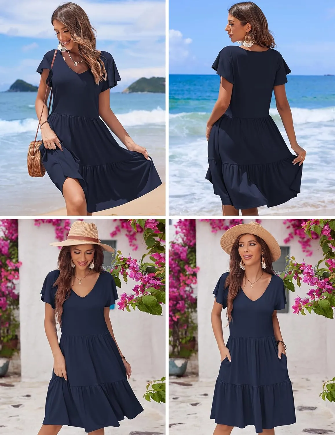 HOTOUCH Women's Casual Tiered Dress with Pockets V Neck Ruffle Dress Cap Sleeve Swing Mini Dress A-Line Dresses