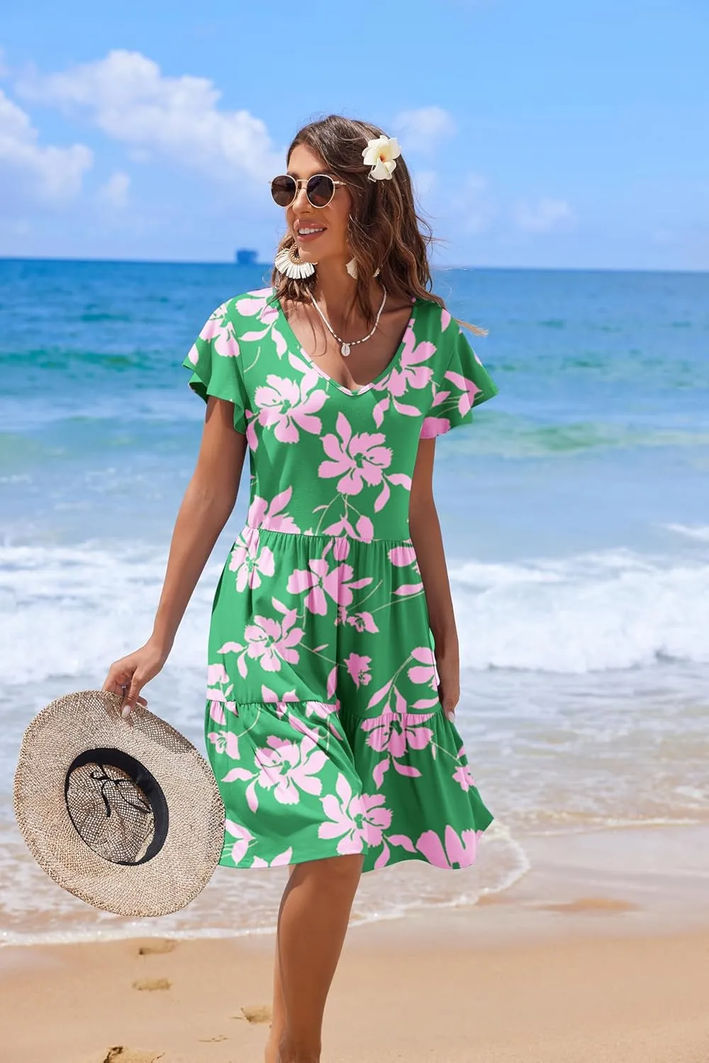 HOTOUCH Women's Casual Tiered Dress with Pockets V Neck Ruffle Dress Cap Sleeve Swing Mini Dress A-Line Dresses