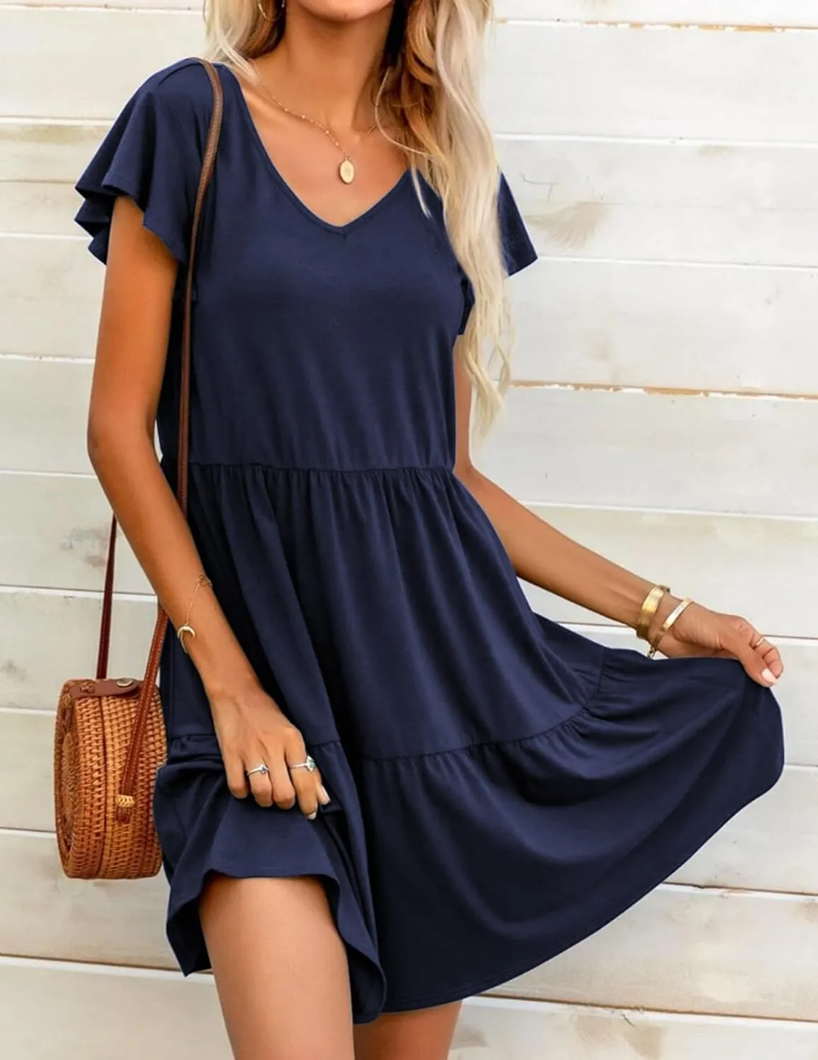 HOTOUCH Women's Casual Tiered Dress with Pockets V Neck Ruffle Dress Cap Sleeve Swing Mini Dress A-Line Dresses