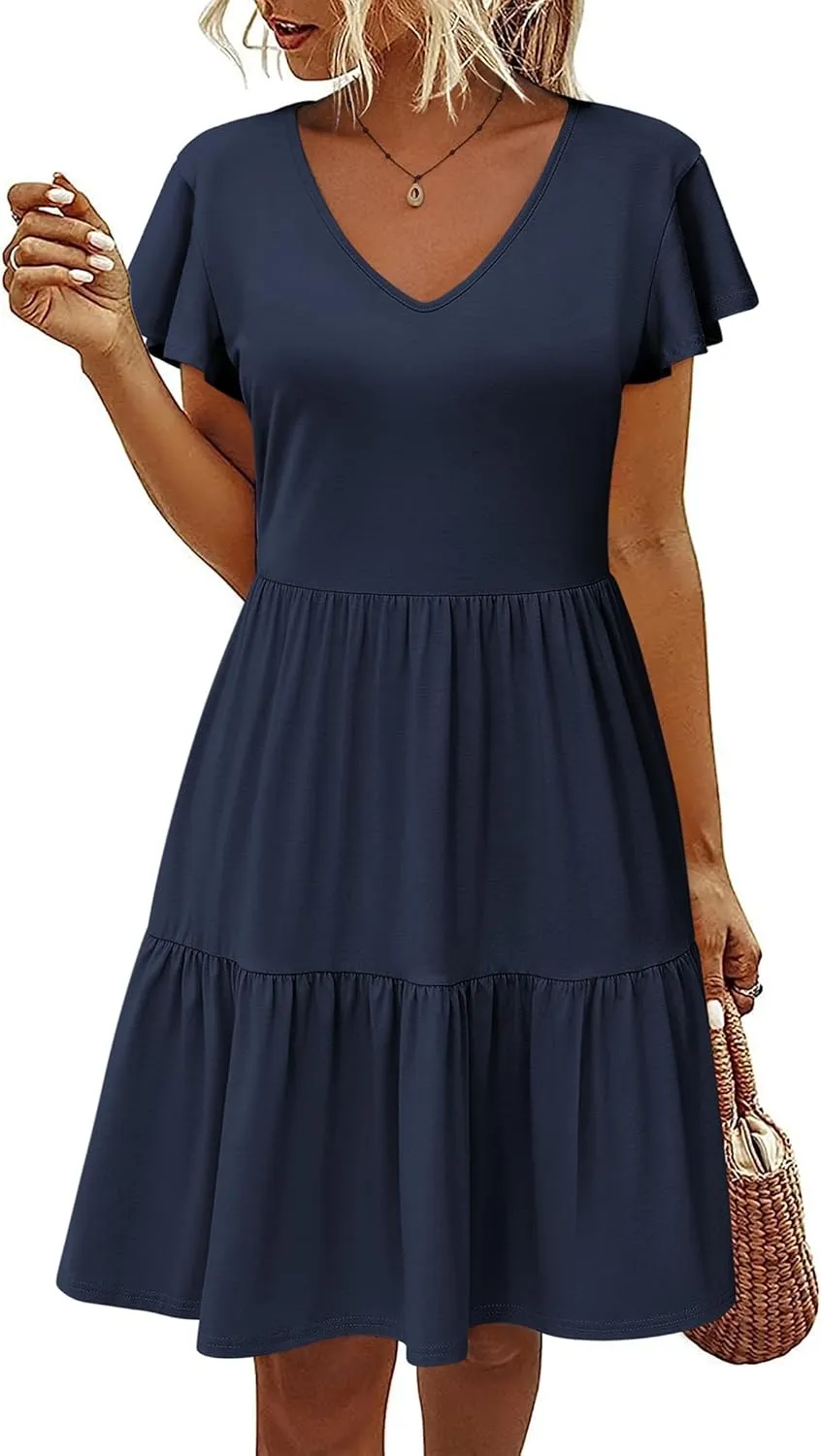 HOTOUCH Women's Casual Tiered Dress with Pockets V Neck Ruffle Dress Cap Sleeve Swing Mini Dress A-Line Dresses