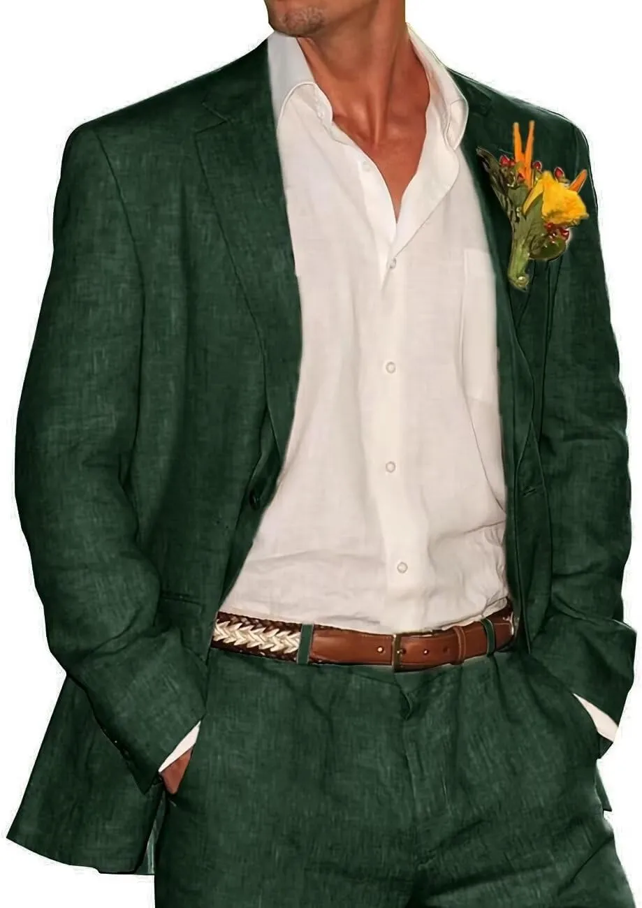HUUTOE Men's Linen Suit 2 Piece Slim Fit Prom Party Business Beach Wedding Groomsmen Suits Linen Blazer Pants Tuxedo Set