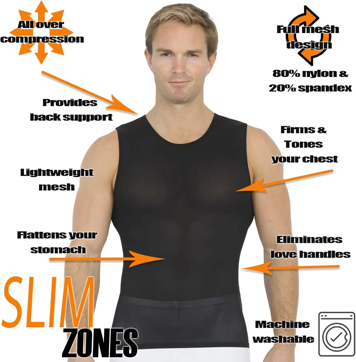 Insta Slim - Made in USA - Mens Compression Sleeveless Crew-Neck Slimming Shapewear Body Shaper with Tummy Control
