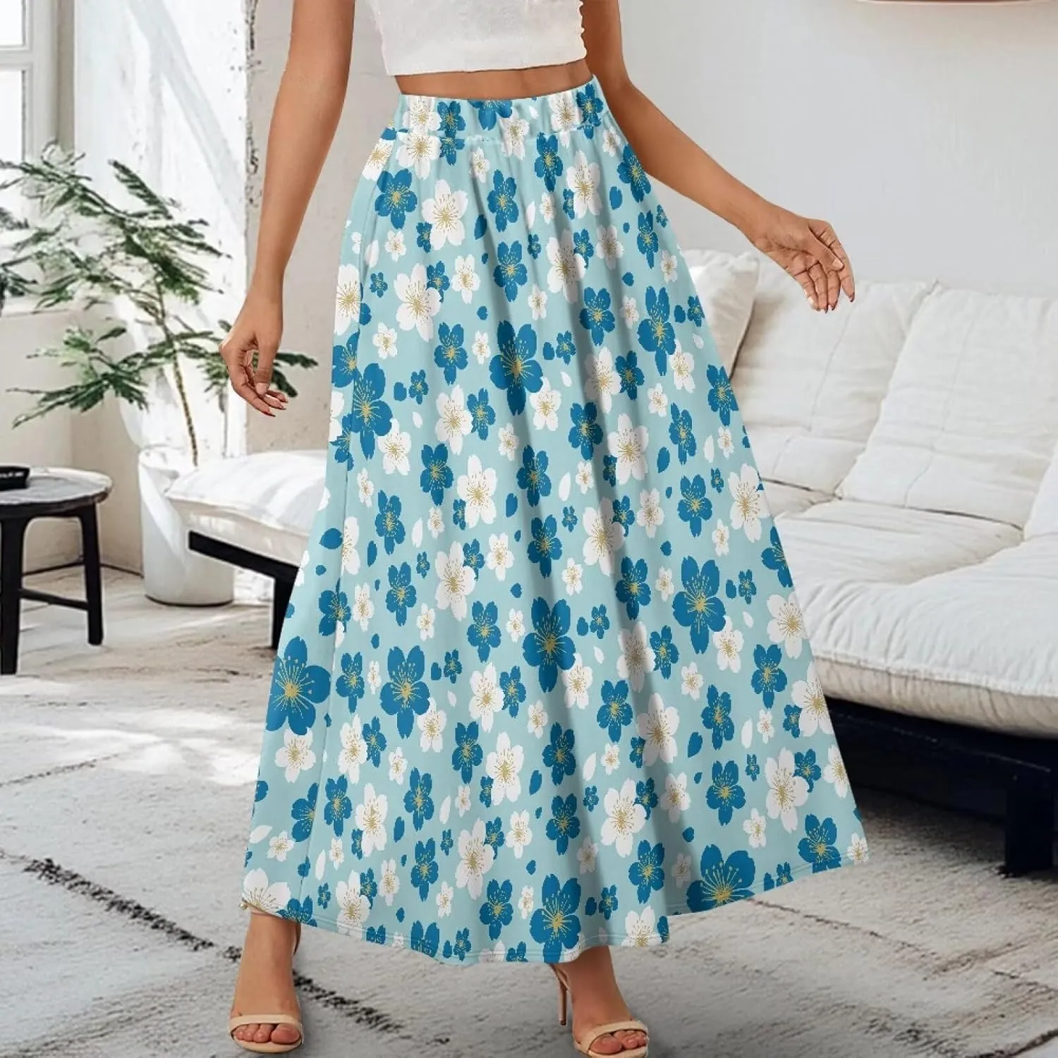 Irisjudy Women Boho Maxi Long Skirt Galaxy Jellyfish A Line Long Skirts with Pocket Jungle Mushroom Beach Holiday Maxi Skirts