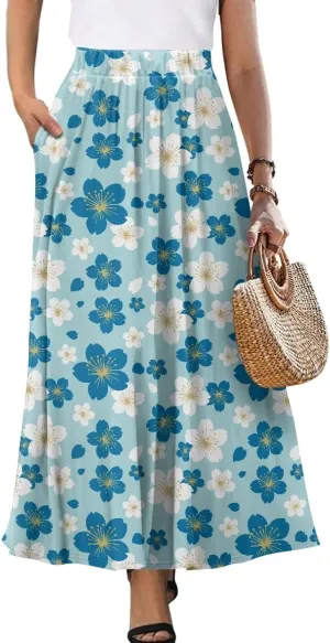 Irisjudy Women Boho Maxi Long Skirt Galaxy Jellyfish A Line Long Skirts with Pocket Jungle Mushroom Beach Holiday Maxi Skirts