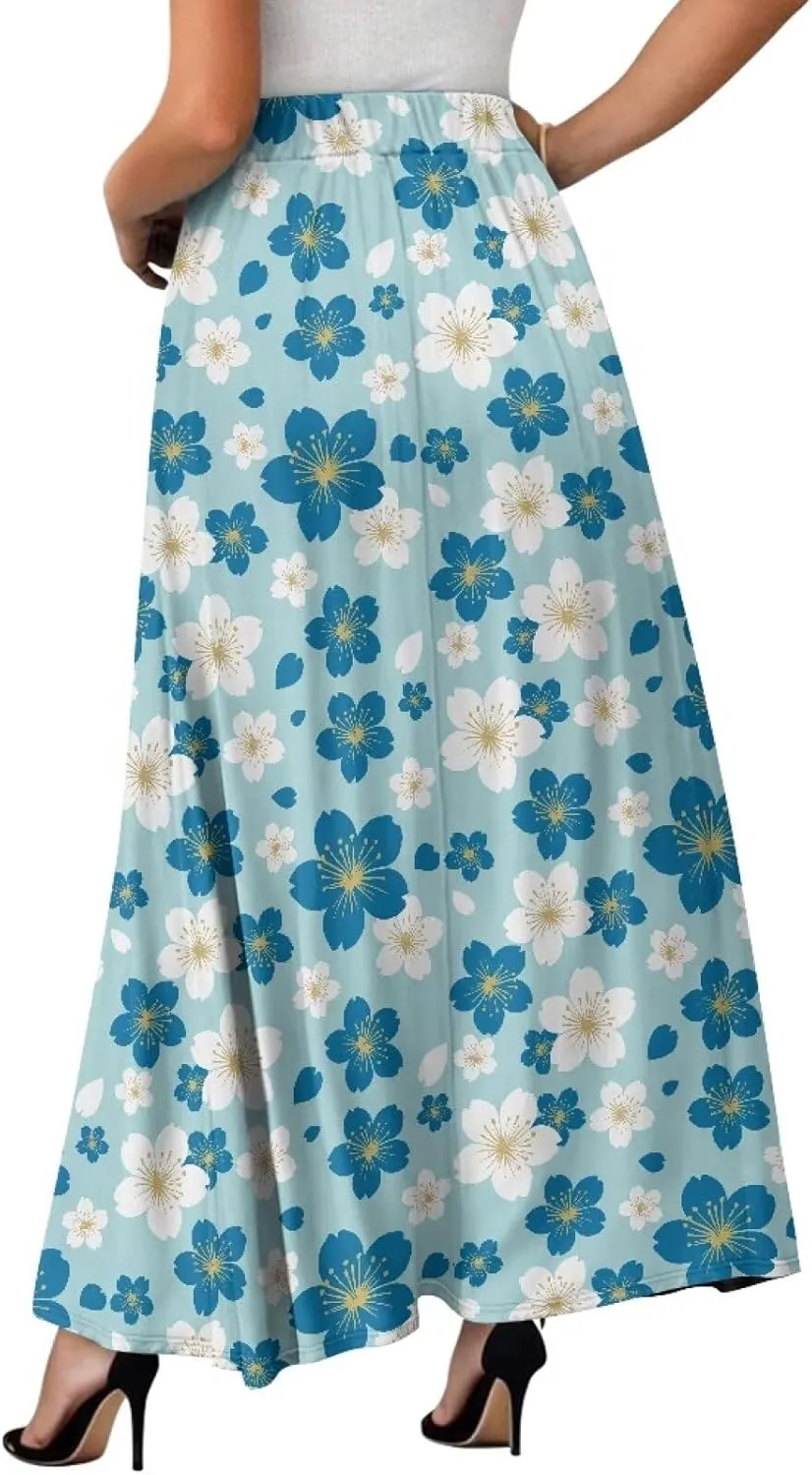 Irisjudy Women Boho Maxi Long Skirt Galaxy Jellyfish A Line Long Skirts with Pocket Jungle Mushroom Beach Holiday Maxi Skirts