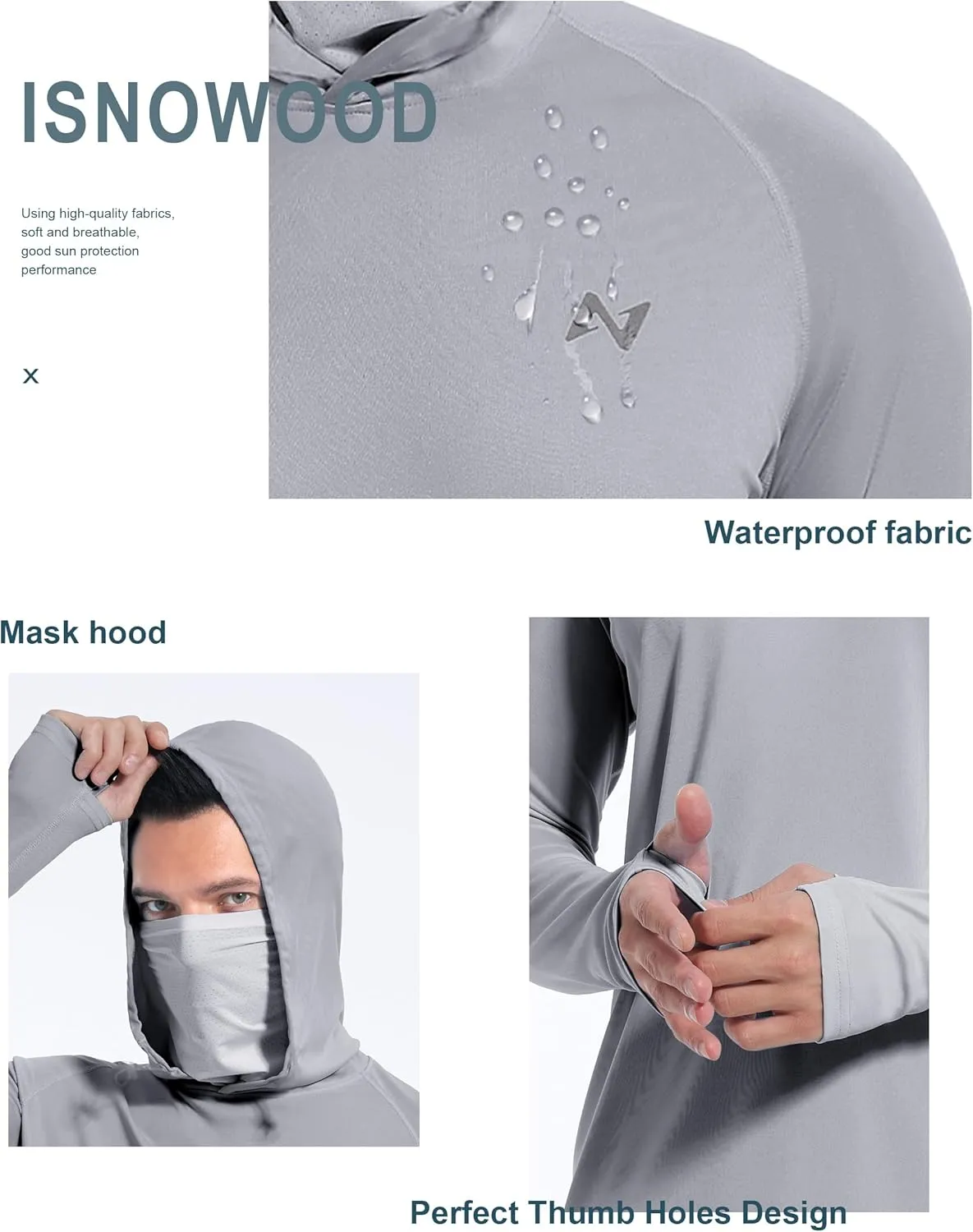 isnowood Sun Shirt UPF 50  Men's Fishing Long Sleeve Hooded Rash Guard Hiking Swimming Running UV Protection Hoodie