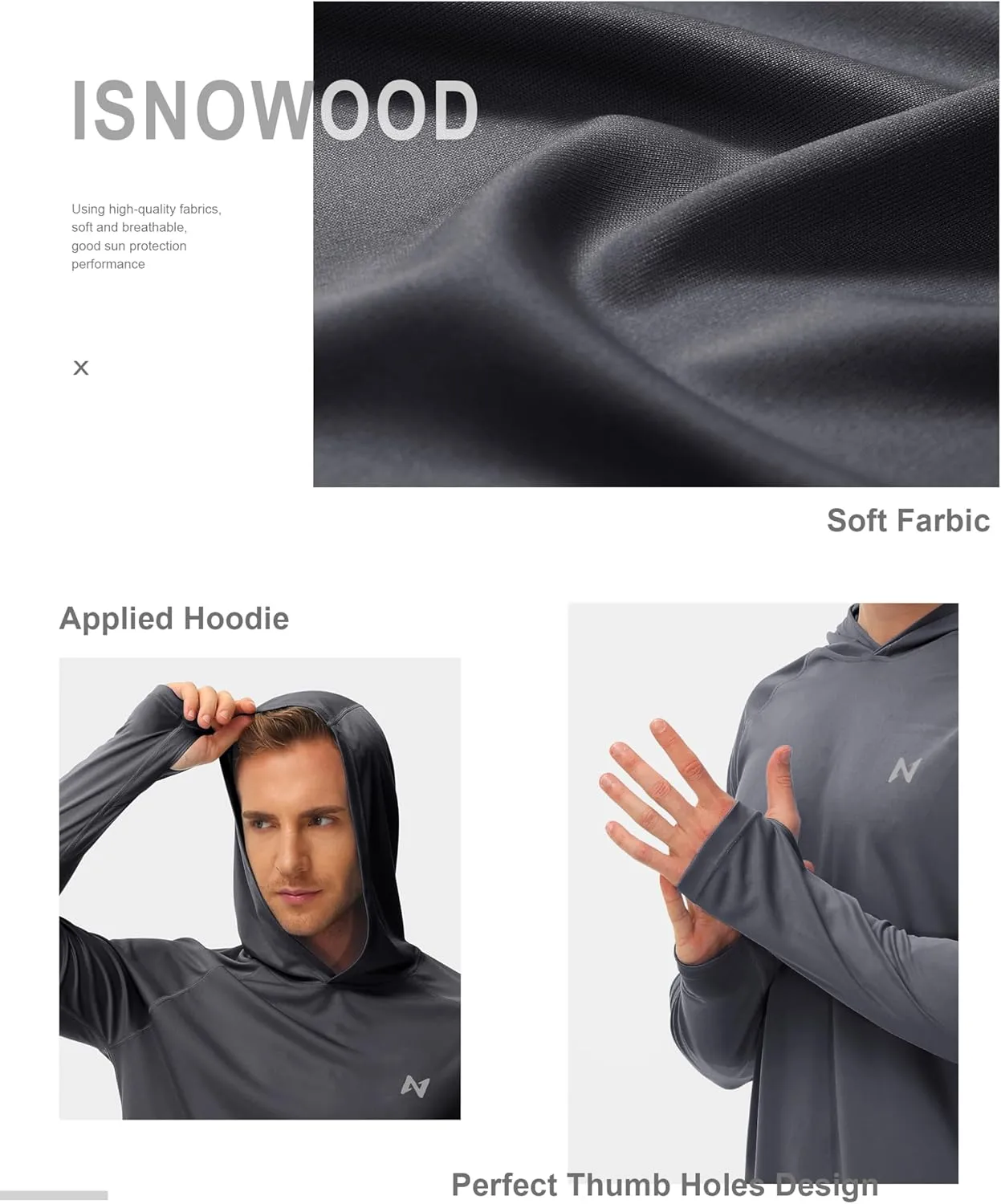 isnowood Sun Shirt UPF 50  Men's Fishing Long Sleeve UV Protection Hoodie Hiking Rash Guard Swimming Running