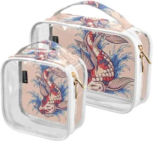 Japanese-koi-fish-logo 2 Pack Clear Toiletry Bag Women Men, Portable Waterproof Clear Pouch, Cosmetic Bag with Double Zippers Large Opening Traveling with Handle for Bathroom Traveling Vacation Organi