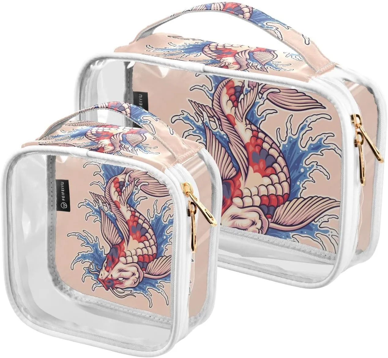 Japanese-koi-fish-logo 2 Pack Clear Toiletry Bag Women Men, Portable Waterproof Clear Pouch, Cosmetic Bag with Double Zippers Large Opening Traveling with Handle for Bathroom Traveling Vacation Organi