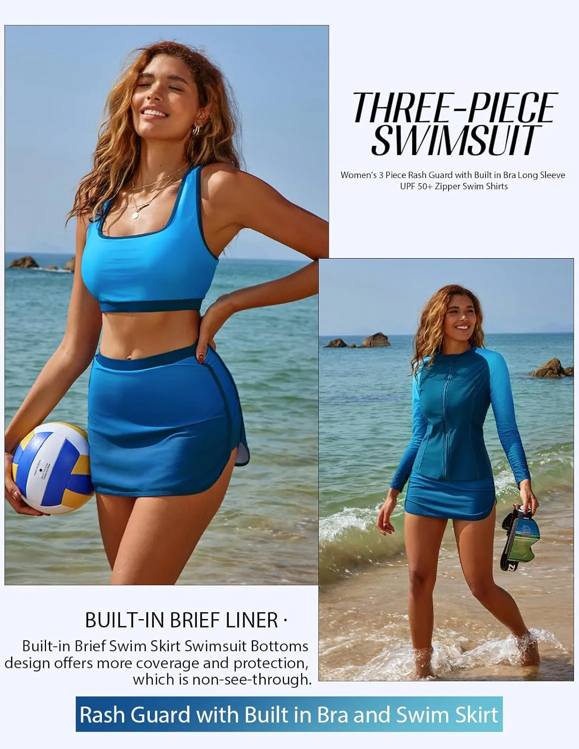 JASAMBAC Women's 3 Piece Rash Guard Zip Up UPF 50  Swim Shirt Built in Bra Long Sleeve Swimsuits Swim Skirt with Bikini Brief