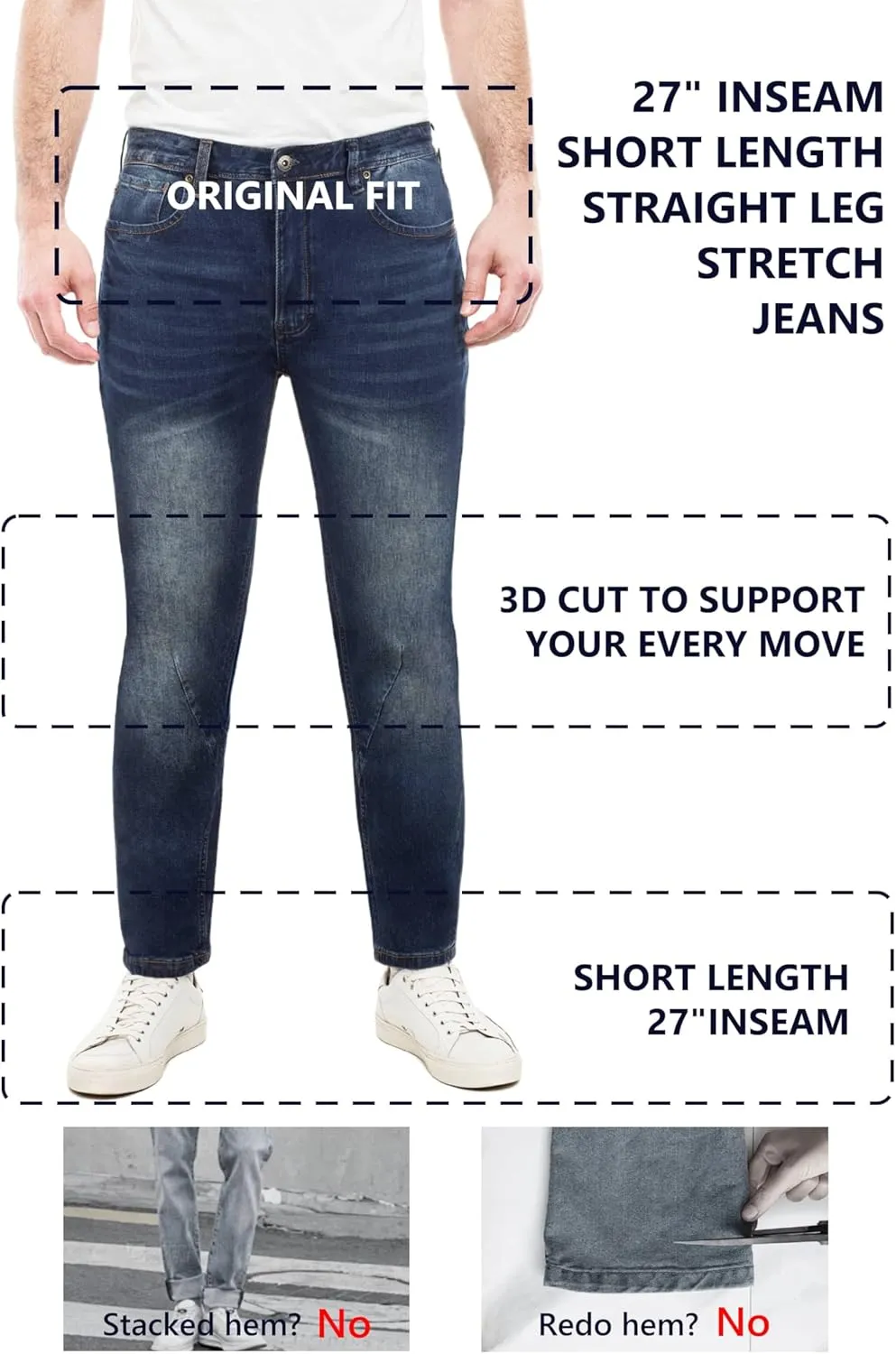 Jeans for Short Men 27" Original Straight Taper Fit Short Length Casual Stretch Denim Pants AT01