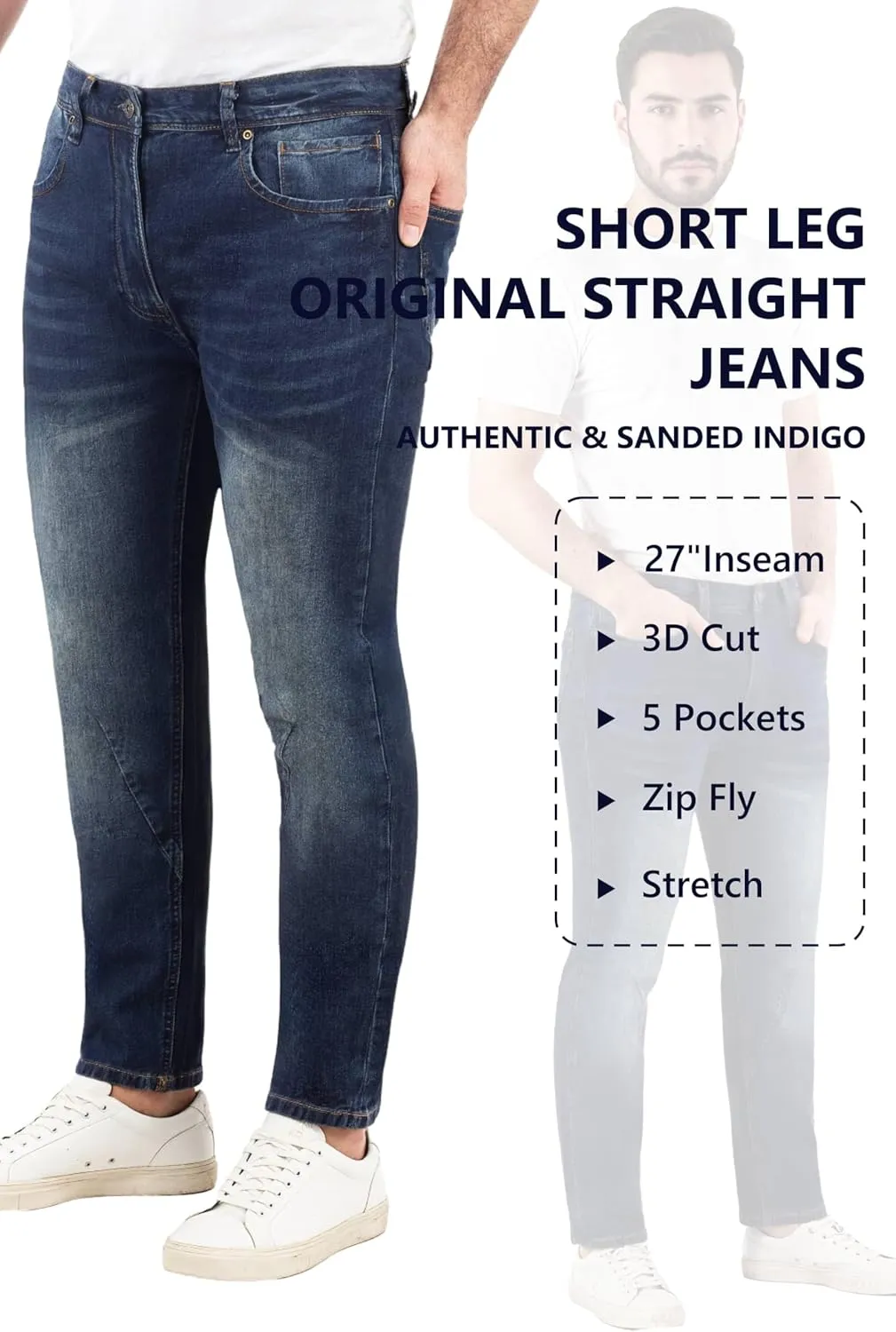 Jeans for Short Men 27" Original Straight Taper Fit Short Length Casual Stretch Denim Pants AT01