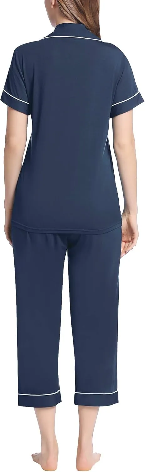 Joyaria Women Viscose Made from Bamboo Pajamas Set Cooling Capri Button Up/Down Pjs Short Sleeve Sleepwear