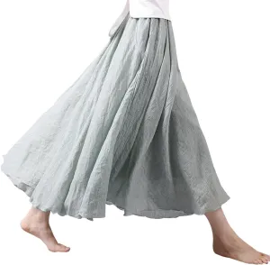 Kafeimali Women Bohemian Cotton Linen Double Layer Elastic Waist Long Maxi Skirt