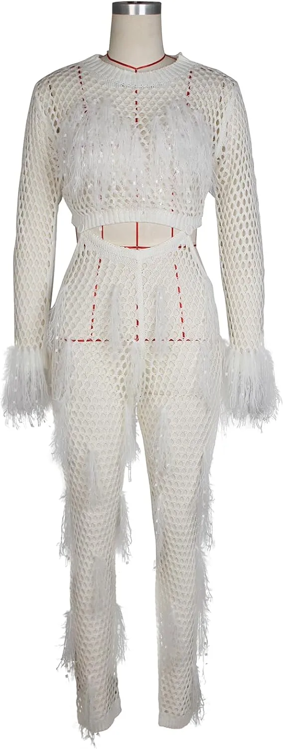 KANSOON Crochet Sets Two Piece Women Cover Up Swim Suits Sexy Tassel Hollow Out Beach Long Sleeve Crop Top Pants Outfit