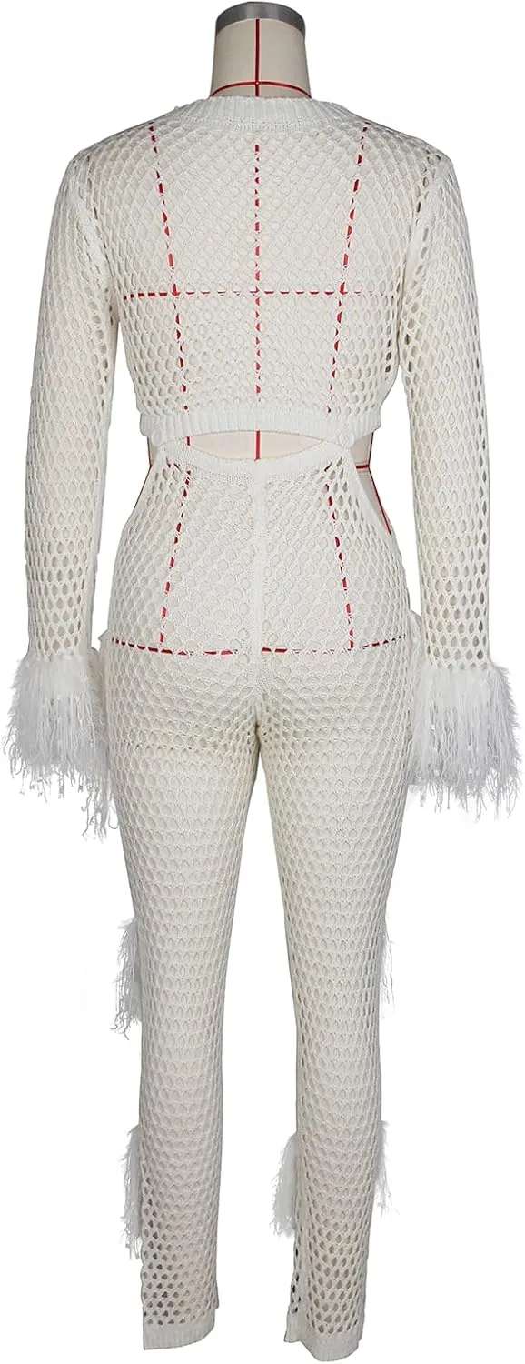 KANSOON Crochet Sets Two Piece Women Cover Up Swim Suits Sexy Tassel Hollow Out Beach Long Sleeve Crop Top Pants Outfit