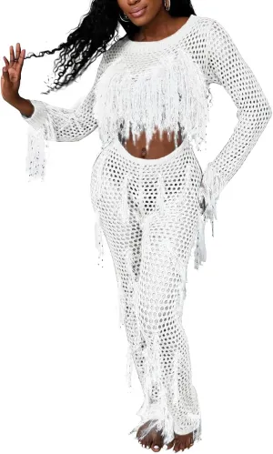 KANSOON Crochet Sets Two Piece Women Cover Up Swim Suits Sexy Tassel Hollow Out Beach Long Sleeve Crop Top Pants Outfit