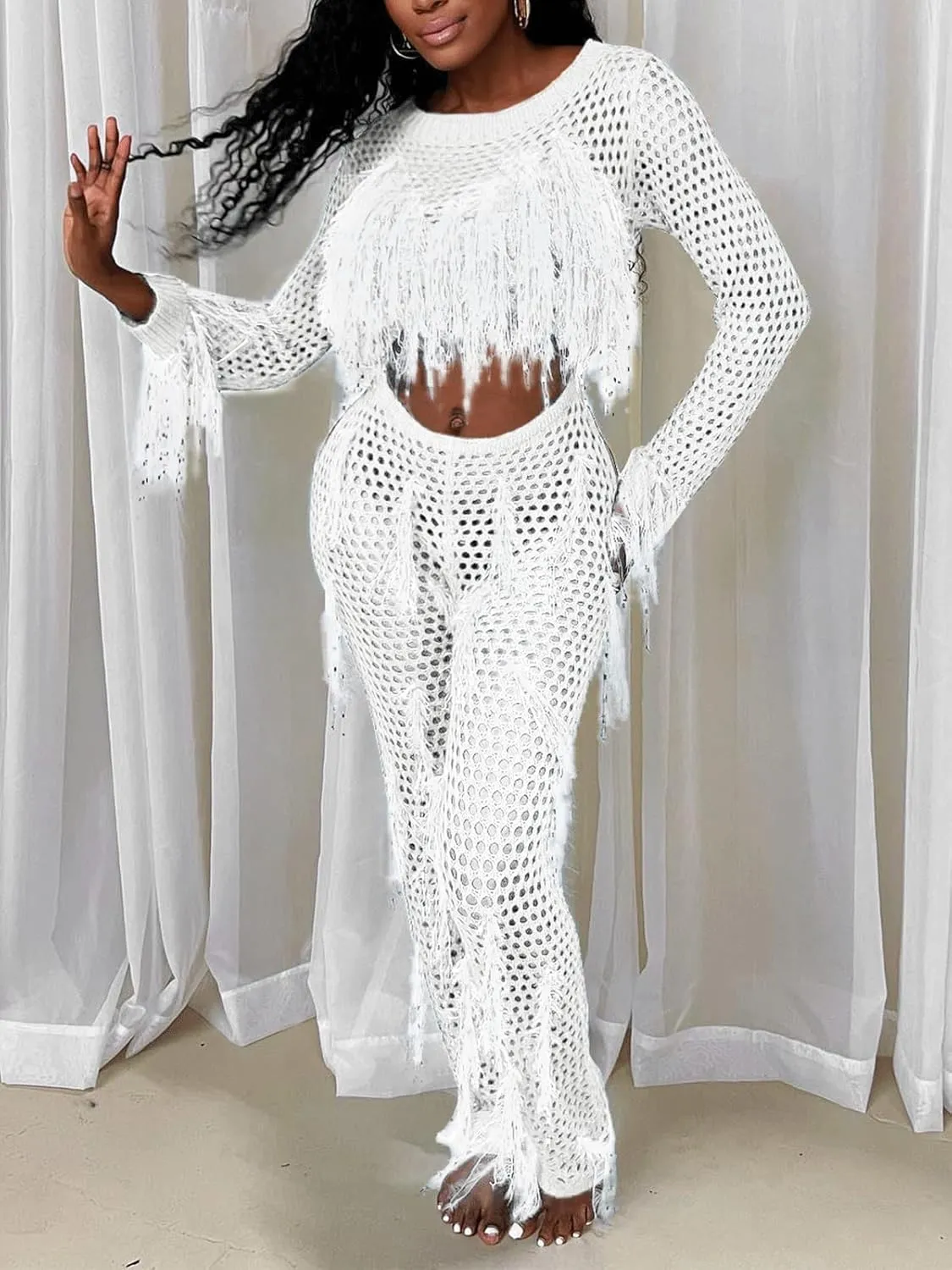 KANSOON Crochet Sets Two Piece Women Cover Up Swim Suits Sexy Tassel Hollow Out Beach Long Sleeve Crop Top Pants Outfit