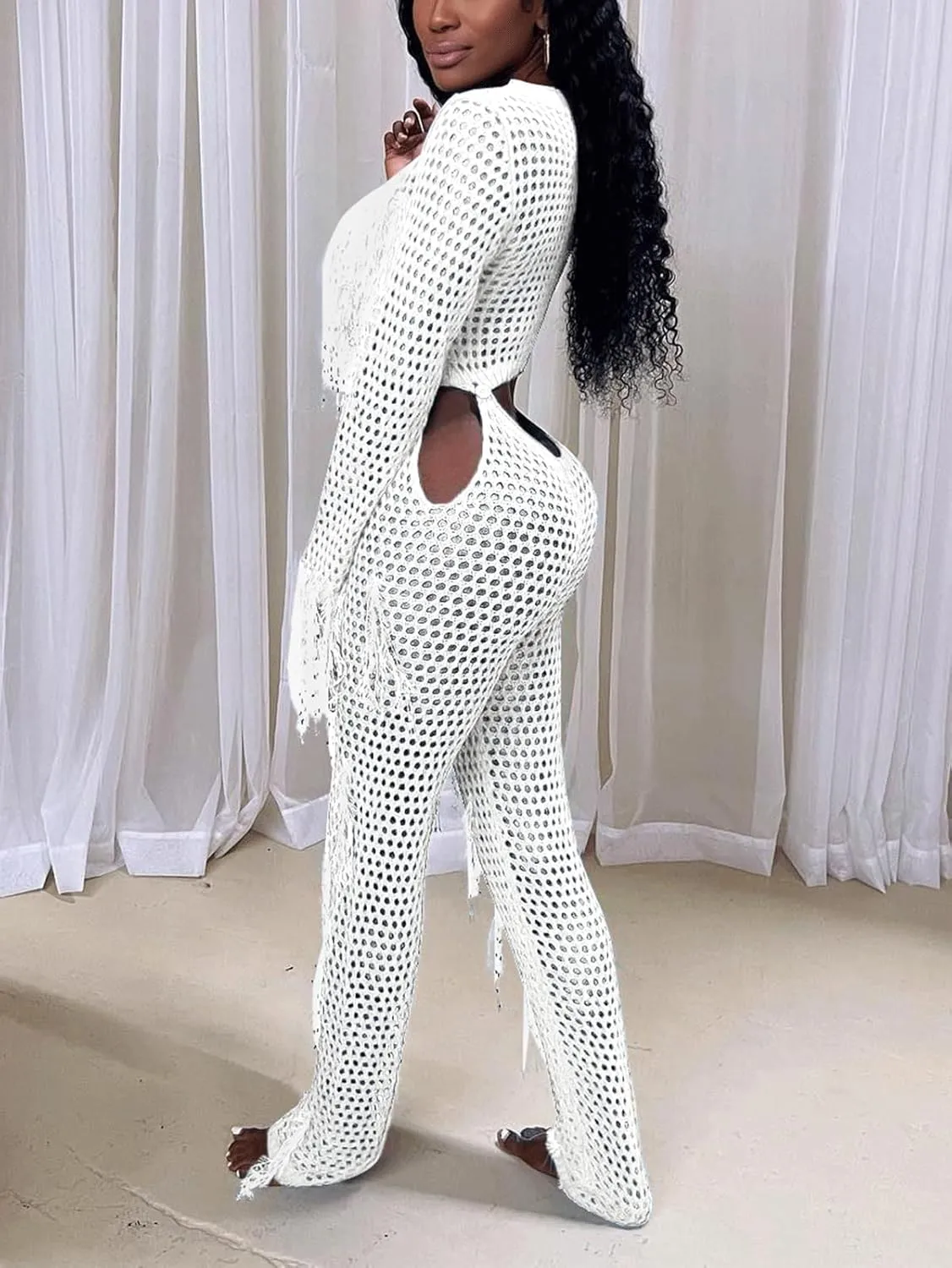 KANSOON Crochet Sets Two Piece Women Cover Up Swim Suits Sexy Tassel Hollow Out Beach Long Sleeve Crop Top Pants Outfit