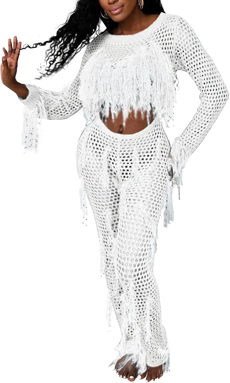 KANSOON Crochet Sets Two Piece Women Cover Up Swim Suits Sexy Tassel Hollow Out Beach Long Sleeve Crop Top Pants Outfit
