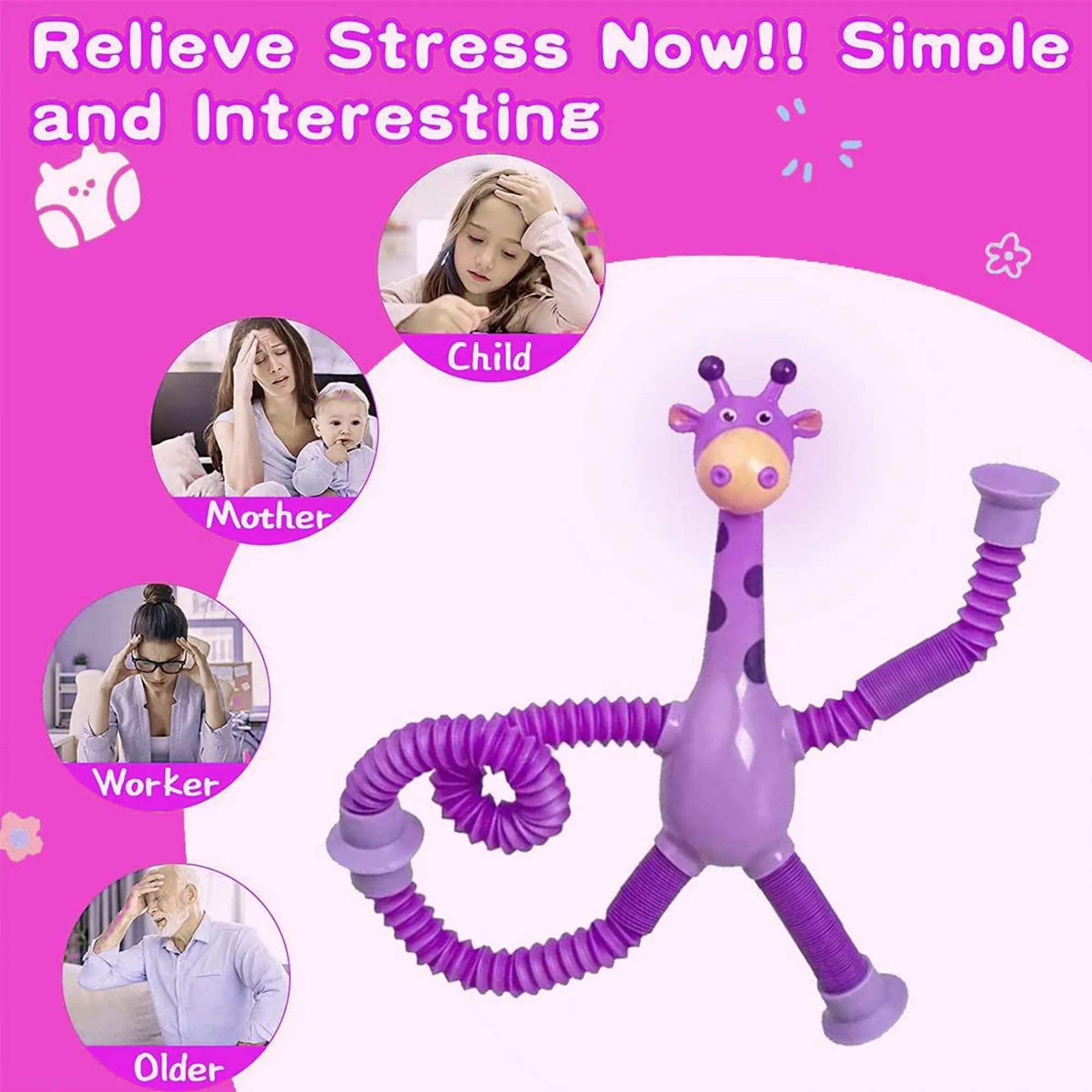Kidology Telescopic Suction Cup Giraffe Toy, LED Telescopic Pipe with Suction Cup, Shape-Changing Stretch Tube, Parent-Child Interactive Toy Random Colors (Giraffe Figure Set of 3)