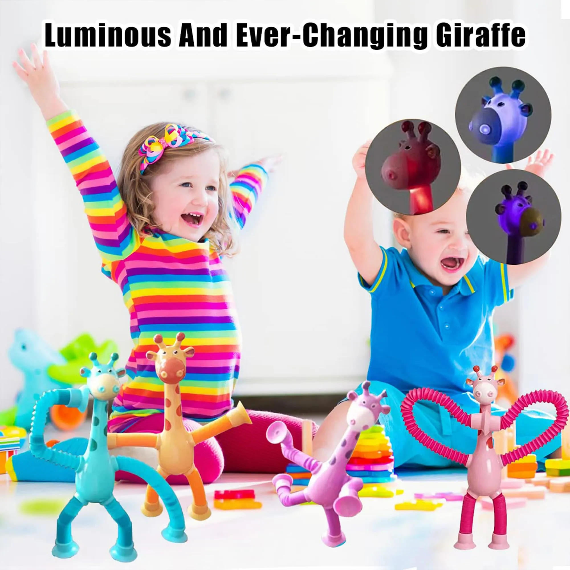 Kidology Telescopic Suction Cup Giraffe Toy, LED Telescopic Pipe with Suction Cup, Shape-Changing Stretch Tube, Parent-Child Interactive Toy Random Colors (Giraffe Figure Set of 3)