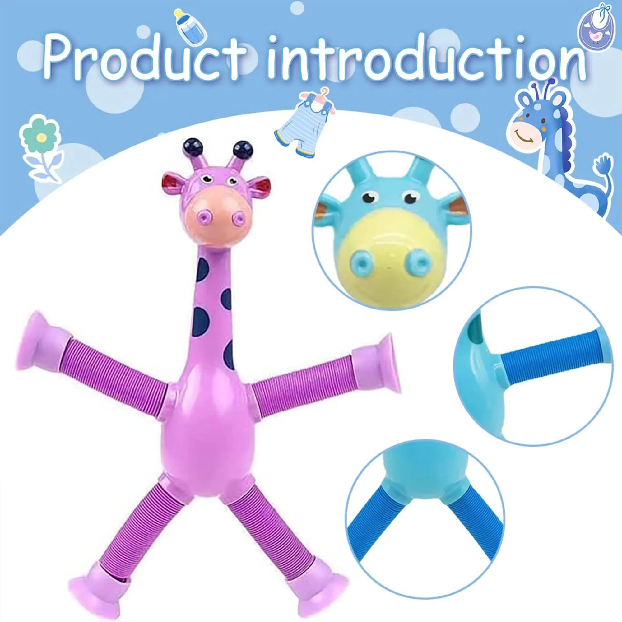 Kidology Telescopic Suction Cup Giraffe Toy, LED Telescopic Pipe with Suction Cup, Shape-Changing Stretch Tube, Parent-Child Interactive Toy Random Colors (Giraffe Figure Set of 3)