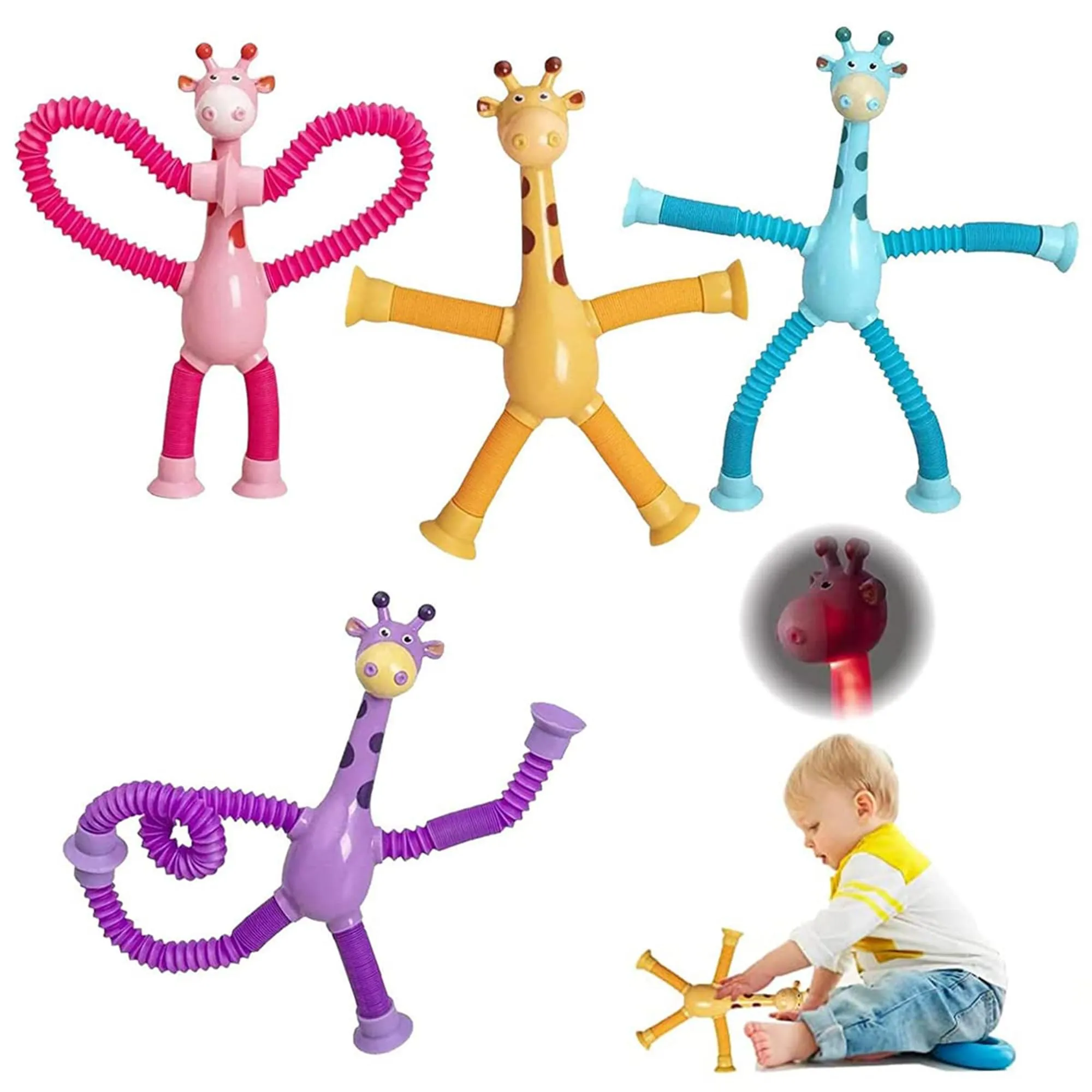 Kidology Telescopic Suction Cup Giraffe Toy, LED Telescopic Pipe with Suction Cup, Shape-Changing Stretch Tube, Parent-Child Interactive Toy Random Colors (Giraffe Figure Set of 3)