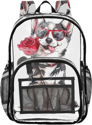 Kids Backpack for Girls Husky Puppy Dog Rose Flower Clear Backpack for Women Large Plastic Approved Bag