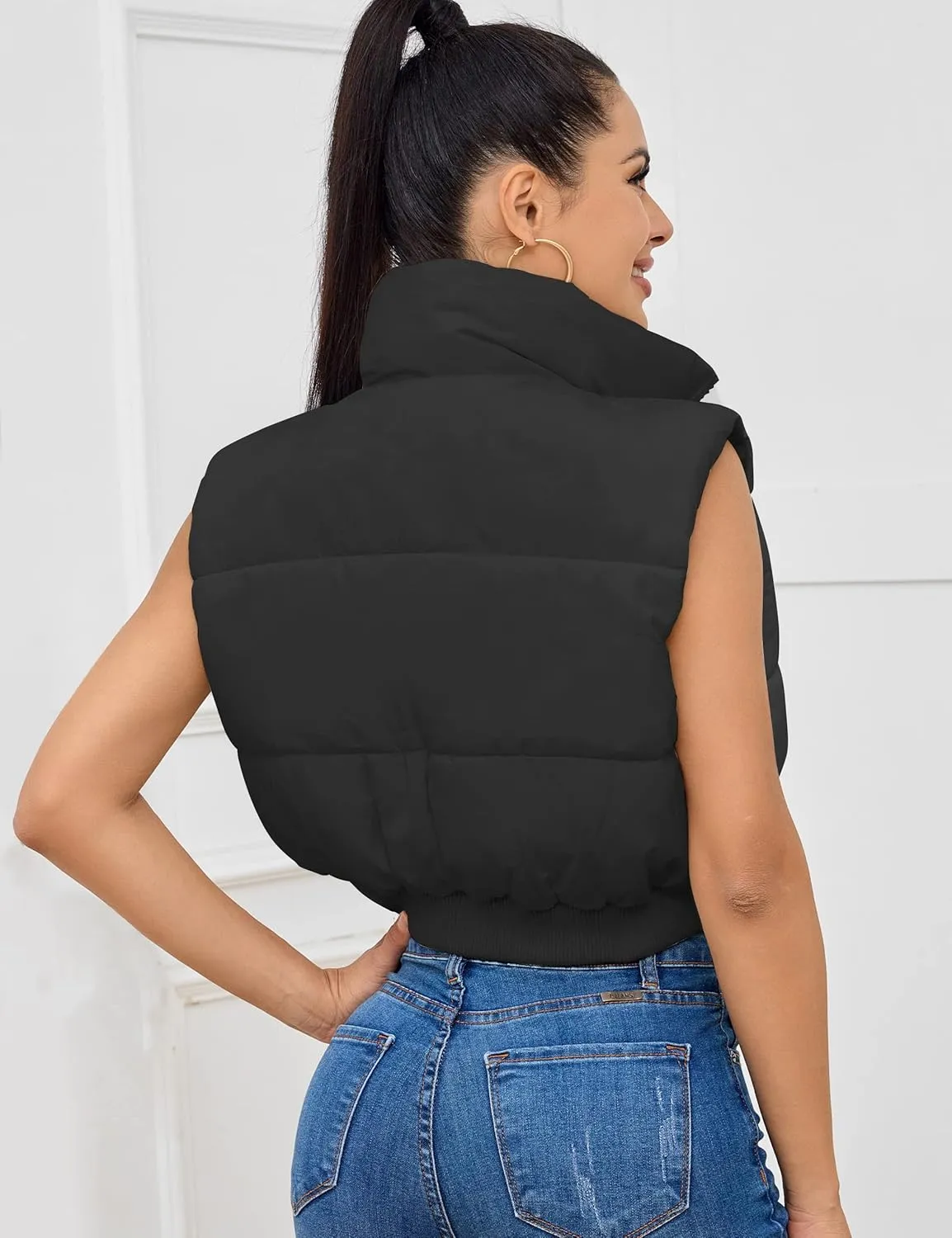 Kissonic Women's Padded Down Vest Puffer Stand Collar Zip Up Crop Sleeveless Jacket