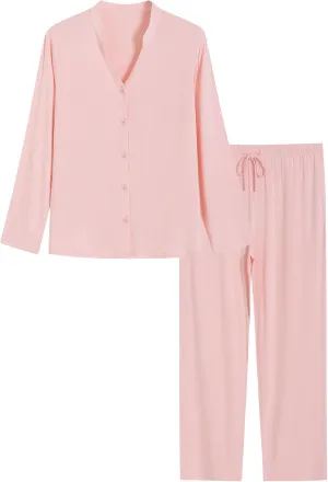Latuza Women's Petite Viscose Button Up Pajamas Set Petite Size Long Sleeve PJs