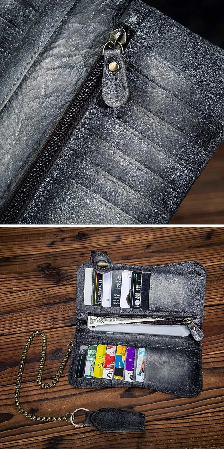 Le'aokuu Mens Genuine Leather Bifold Wallet Organizer Checkbook Iron Chain