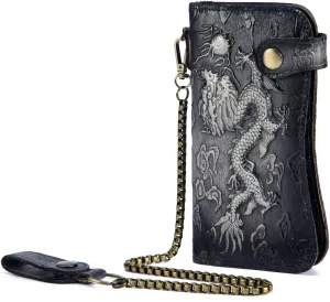 Le'aokuu Mens Genuine Leather Bifold Wallet Organizer Checkbook Iron Chain