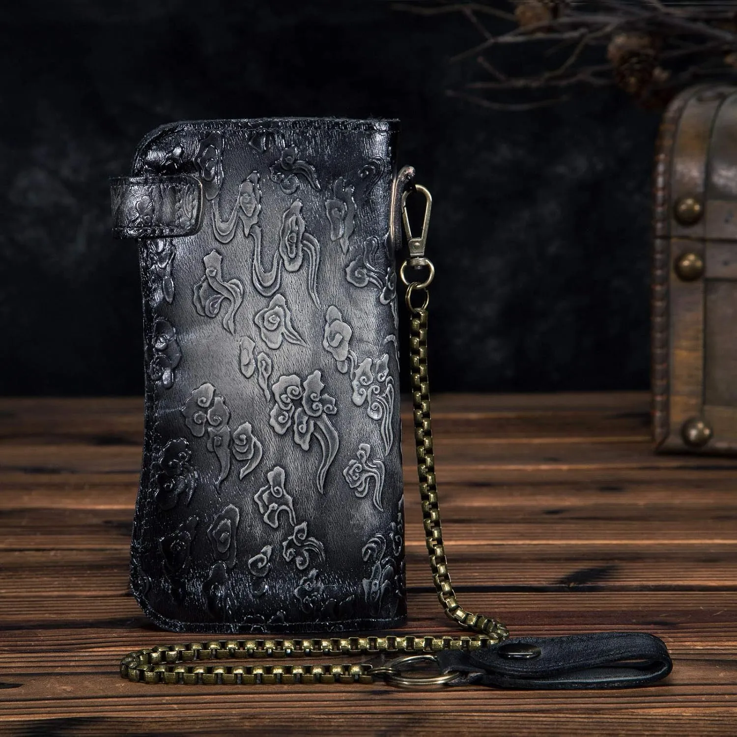 Le'aokuu Mens Genuine Leather Bifold Wallet Organizer Checkbook Iron Chain