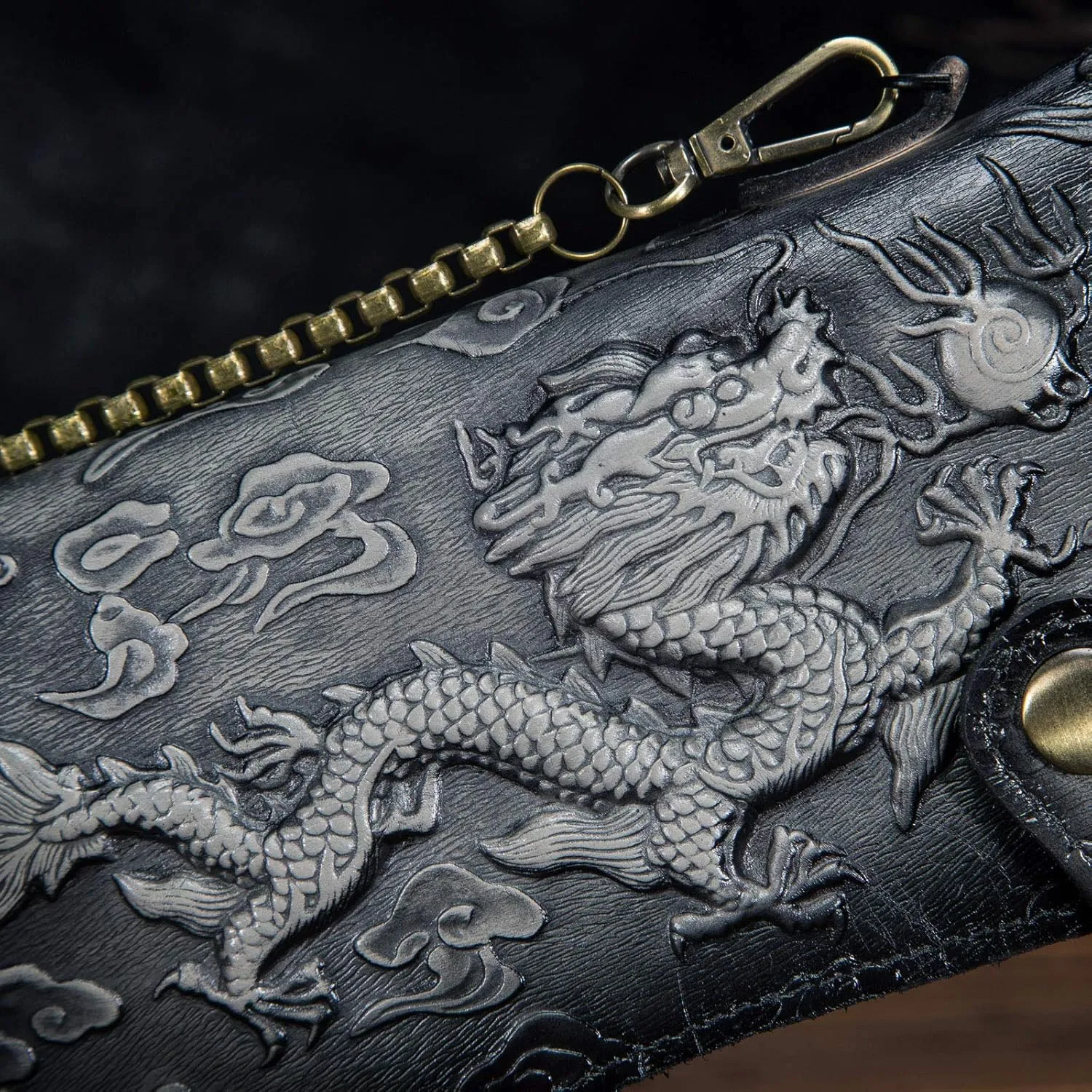 Le'aokuu Mens Genuine Leather Bifold Wallet Organizer Checkbook Iron Chain