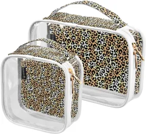 Leopard-pattern 2 Pack Clear Toiletry Bag Women Men, Portable Waterproof Clear Pouch, Cosmetic Bag with Double Zippers Large Opening Traveling with Handle for Bathroom Traveling Vacation Organizing