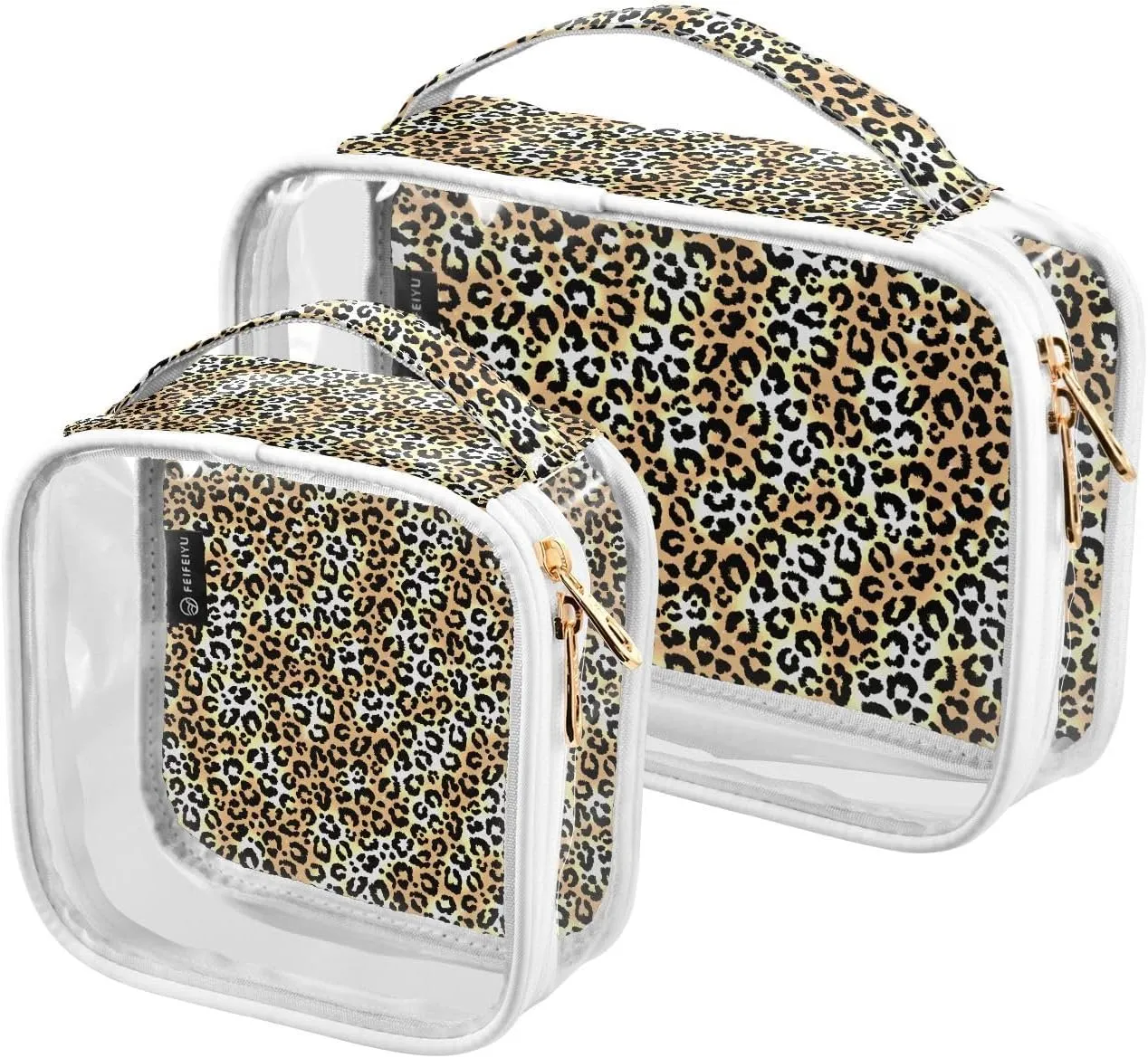 Leopard-pattern 2 Pack Clear Toiletry Bag Women Men, Portable Waterproof Clear Pouch, Cosmetic Bag with Double Zippers Large Opening Traveling with Handle for Bathroom Traveling Vacation Organizing