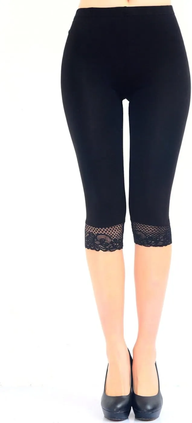 Liang Rou Women's Ultra Thin Stretch Cropped Leggings Black Lace Trim