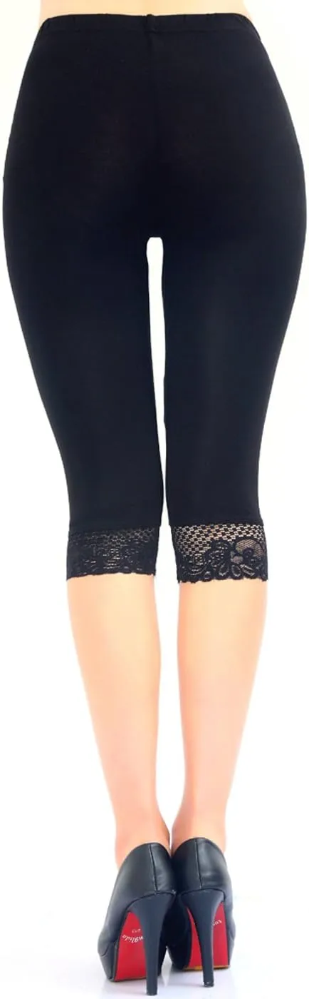 Liang Rou Women's Ultra Thin Stretch Cropped Leggings Black Lace Trim