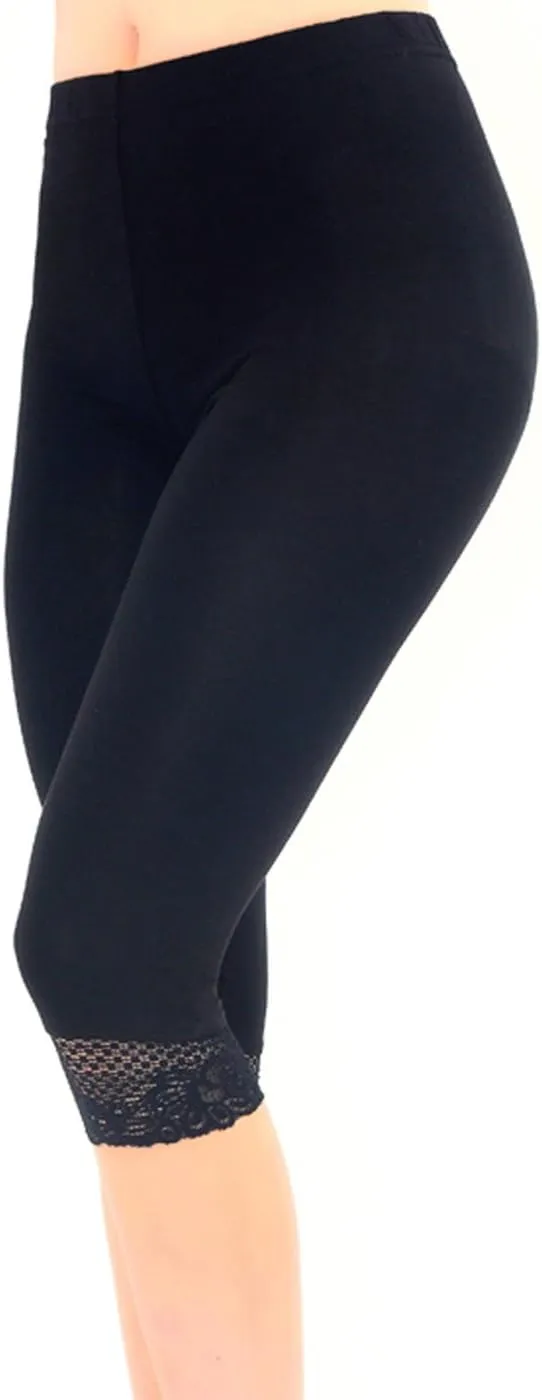 Liang Rou Women's Ultra Thin Stretch Cropped Leggings Black Lace Trim