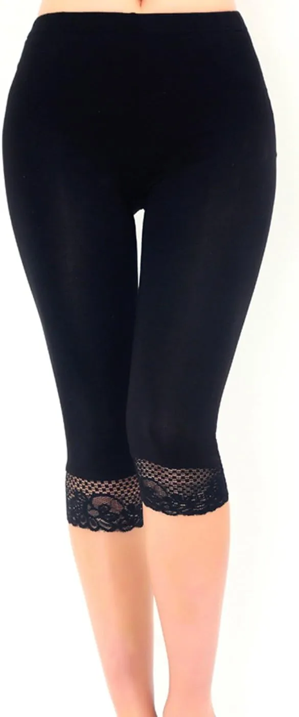 Liang Rou Women's Ultra Thin Stretch Cropped Leggings Black Lace Trim