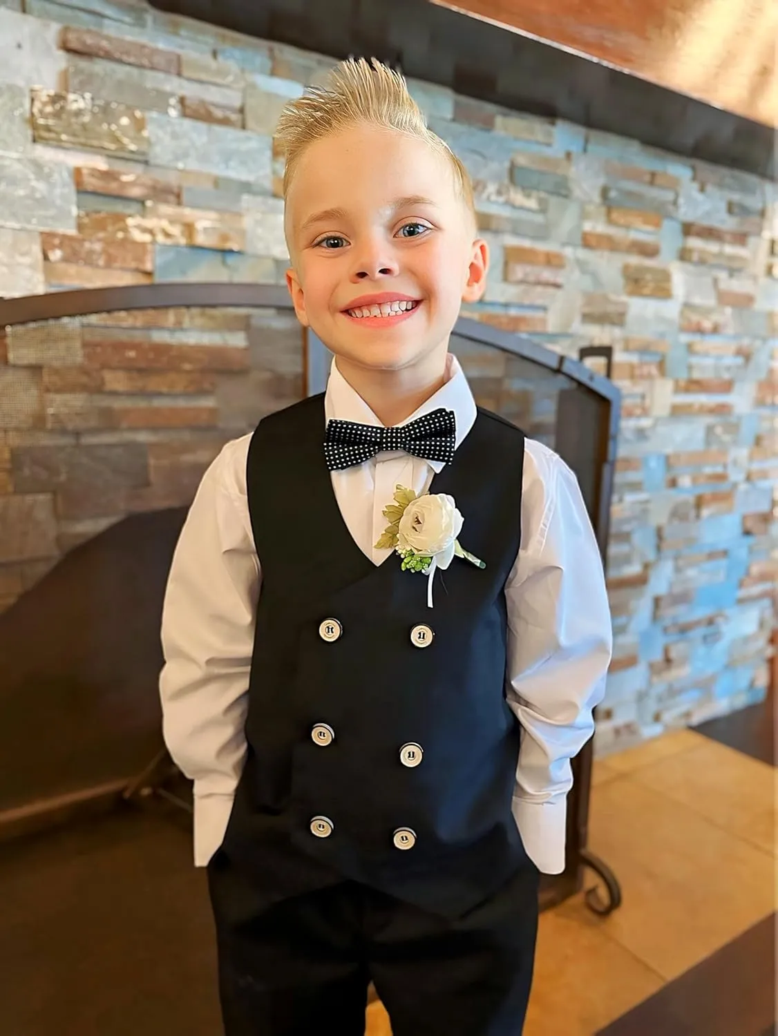 LOLANTA Boys' 4-Piece Formal Suit, Wedding Ring Bearer Outfit Vest Pants with Dress Shirt Bow Tie for Graduation 2-13 Years