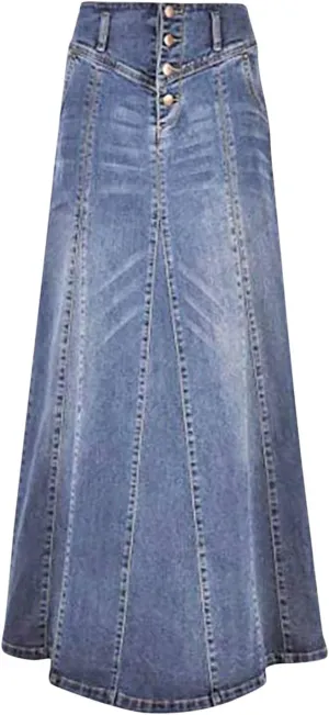 Long Jean Skirt for Women Women's Retro Exposure Button-Fly Packaged Hip A-Line Maxi Long Denim Skirt Jean Skirt