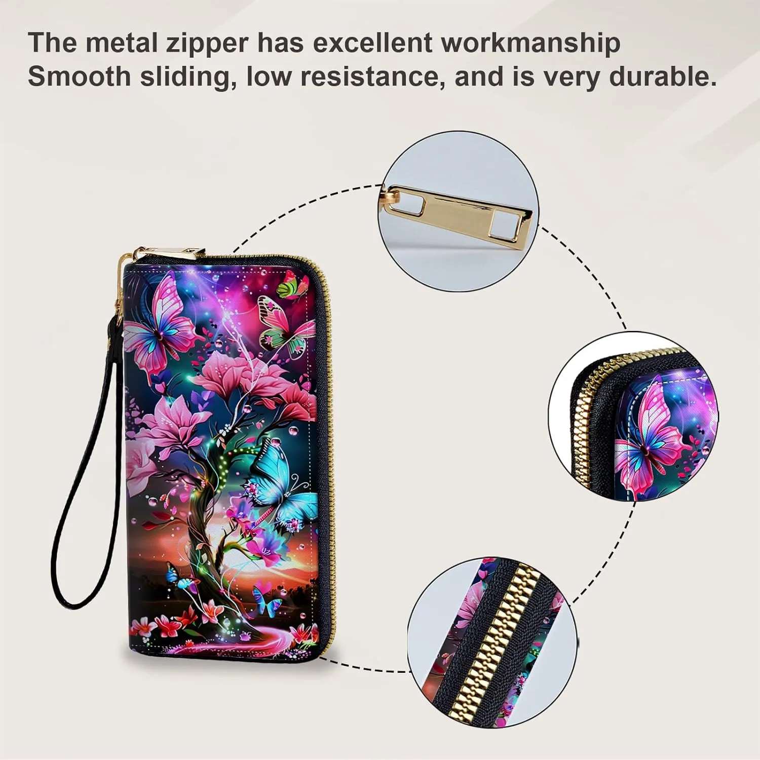Long Wallet for Women, PU Leather Wristlet Wallets, Butterflies Tree Credit Card Holder for Women, Convenient Travel Wallet with Wrist strap and Pink Mirror, Fashion and Sturdy Wallet.