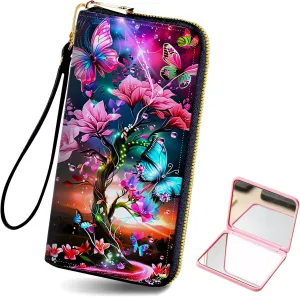 Long Wallet for Women, PU Leather Wristlet Wallets, Butterflies Tree Credit Card Holder for Women, Convenient Travel Wallet with Wrist strap and Pink Mirror, Fashion and Sturdy Wallet.