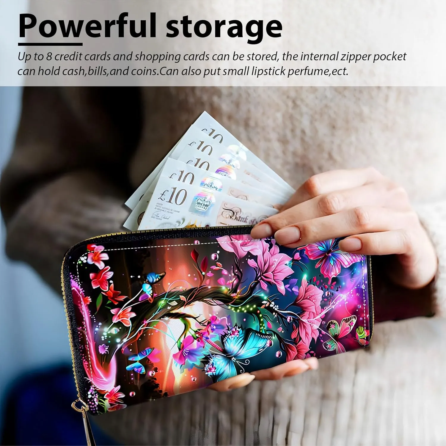 Long Wallet for Women, PU Leather Wristlet Wallets, Butterflies Tree Credit Card Holder for Women, Convenient Travel Wallet with Wrist strap and Pink Mirror, Fashion and Sturdy Wallet.