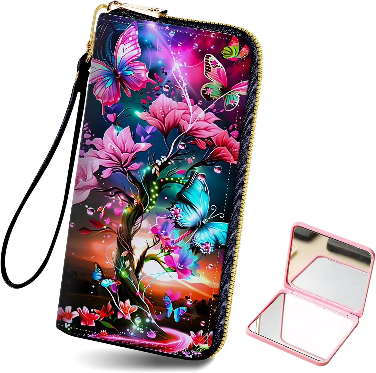 Long Wallet for Women, PU Leather Wristlet Wallets, Butterflies Tree Credit Card Holder for Women, Convenient Travel Wallet with Wrist strap and Pink Mirror, Fashion and Sturdy Wallet.
