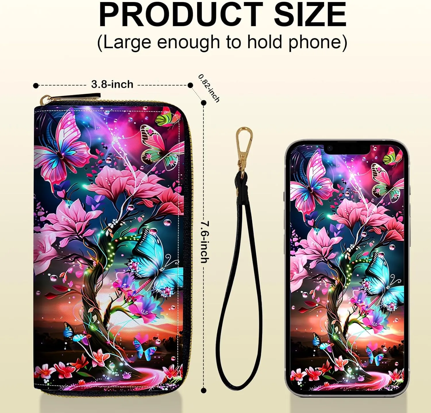 Long Wallet for Women, PU Leather Wristlet Wallets, Butterflies Tree Credit Card Holder for Women, Convenient Travel Wallet with Wrist strap and Pink Mirror, Fashion and Sturdy Wallet.