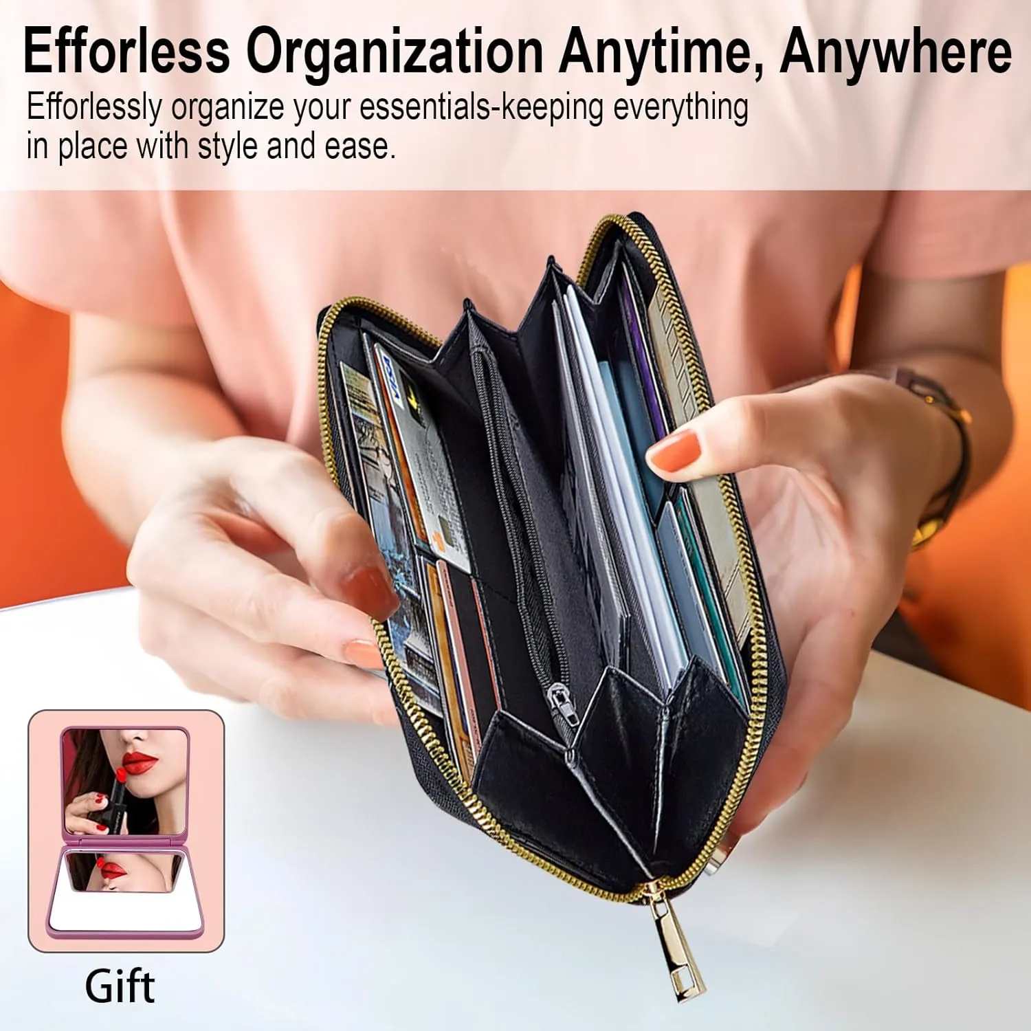 Long Wallet for Women, PU Leather Wristlet Wallets, Butterflies Tree Credit Card Holder for Women, Convenient Travel Wallet with Wrist strap and Pink Mirror, Fashion and Sturdy Wallet.