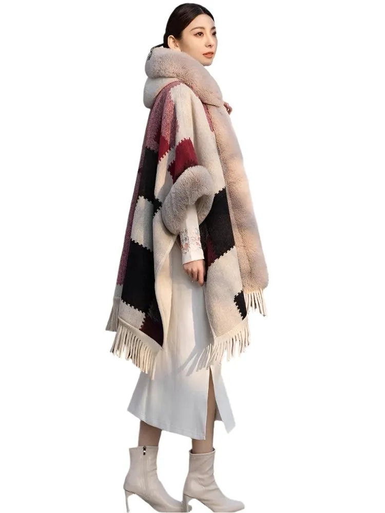 Luxury Women’s Faux Fur Wool Blend Cape Coat – Hooded Long Winter Cardigan Wrap